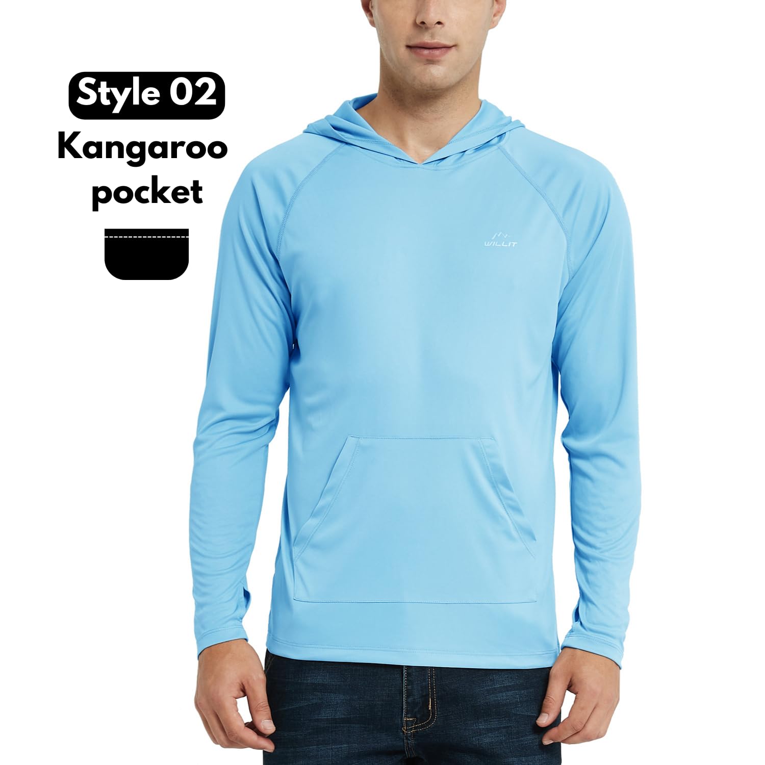 Willit Men's UPF 50+ Sun Protection Hoodie Shirt Long Sleeve Rash Guard Fishing SPF Outdoor UV Shirt Lightweight Pocket Blue XXXL