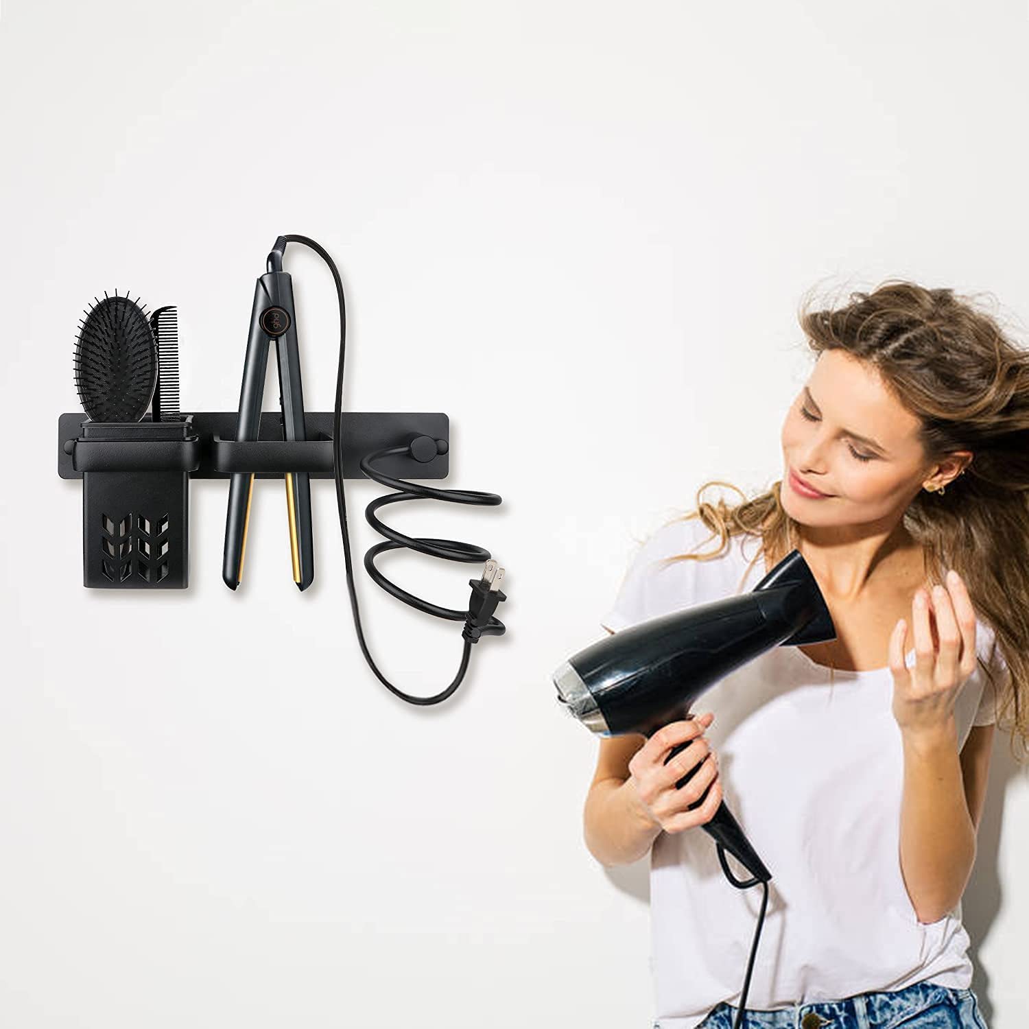 YUET Hair Dryer Holder Hairdryer Station Wall Mounted Spiral Shelf Bracket Stand Hanger Straightener Organizer Blow Storage with Holes Rack For Bathroom Aluminum Professional (Black With Cup)