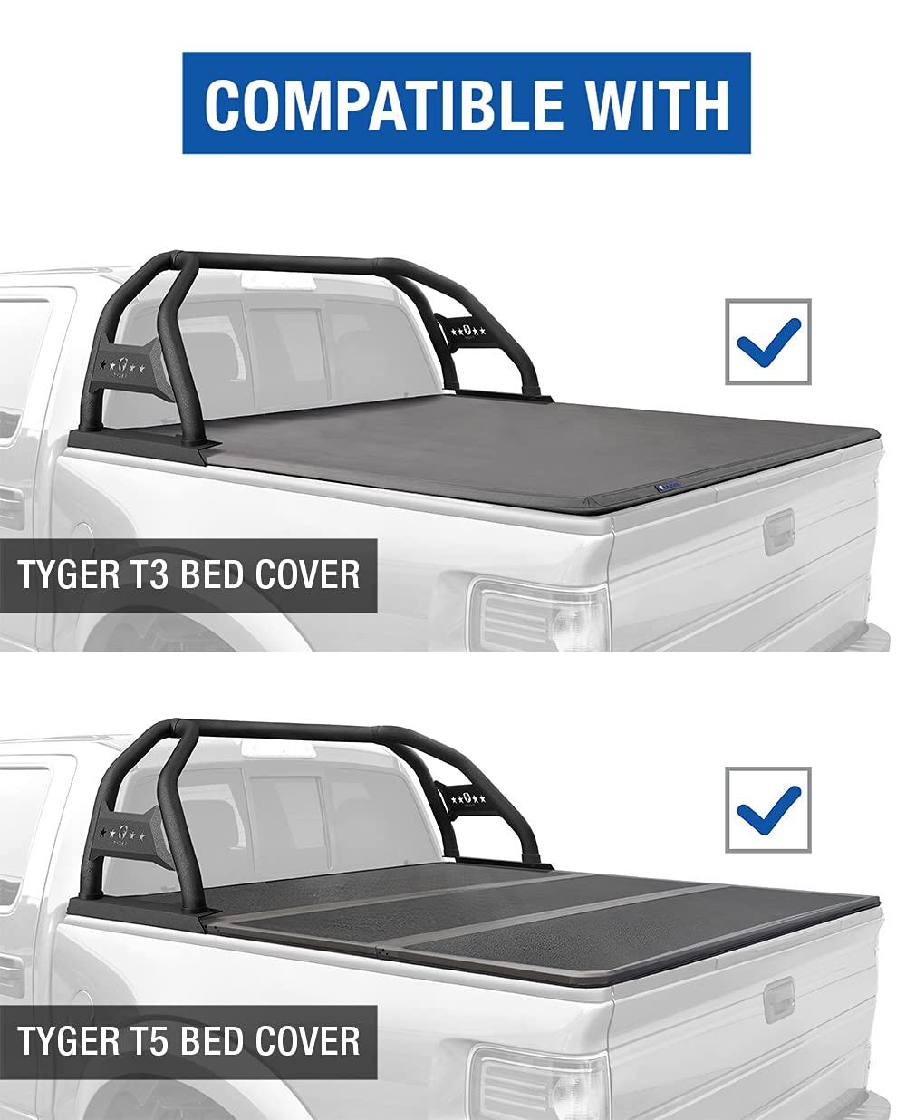 Tyger Auto Sport Bar Compatible with 2007-2019 Chevy Silverado GMC Sierra 1500; 2007-2024 Silverado Sierra 2500 3500HD (Not Fit 2007 Classic) | TG-SB7C88138 | Textured Black | Light Mount | Roll Bar