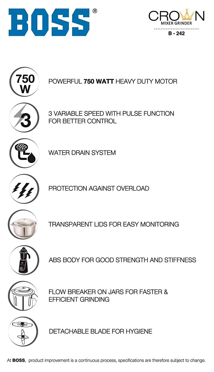 Boss Crown Wet & Dry Mixer Grinder Powerful 750W with 3 Stainless Steel Jars, 110V for USA