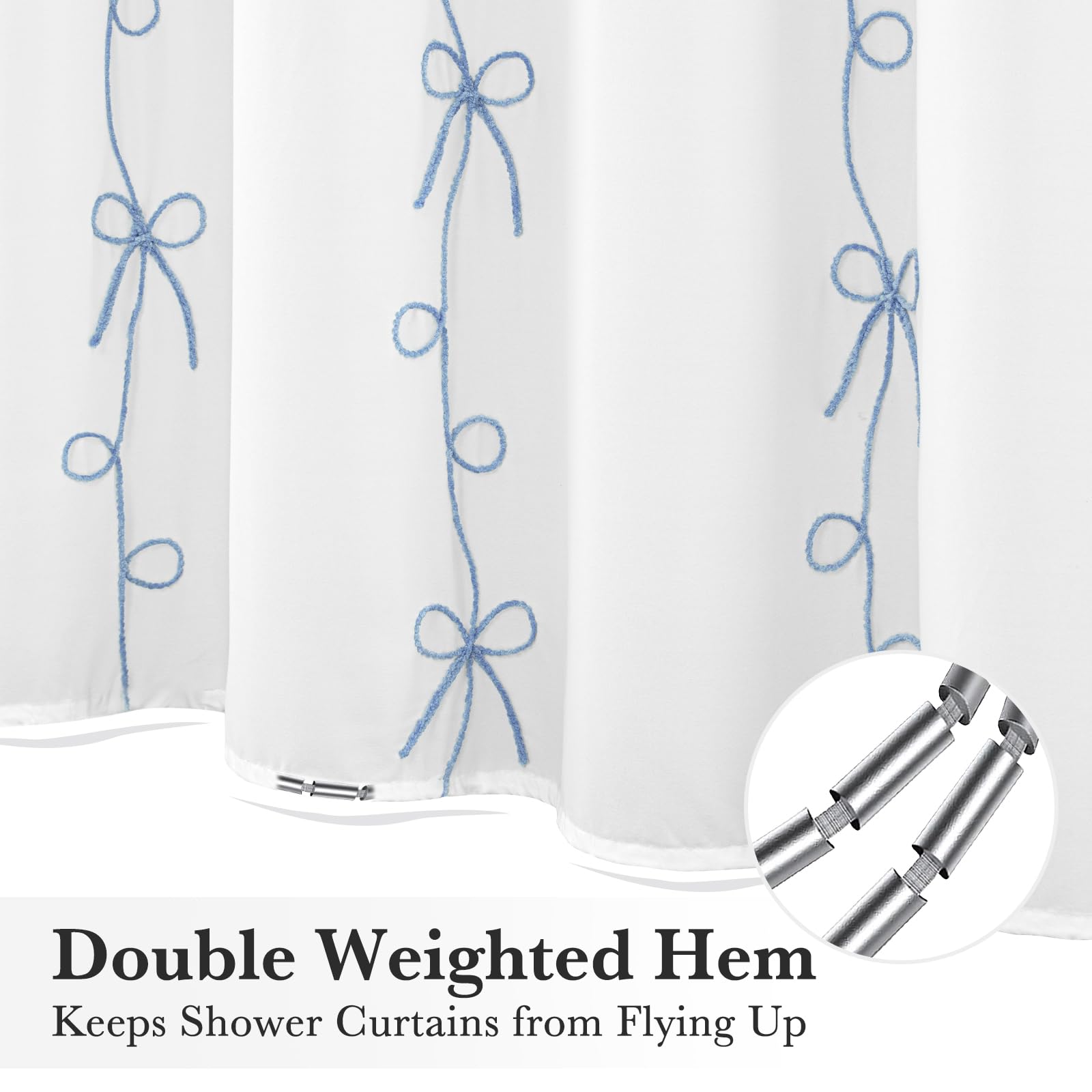 Seasonwood Blue Bow Shower Curtain Cute Fabric Shower Curtain 72 x 72 Inches, Aesthetic Embroidered Textured Shower Curtains Elegant Pretty Bathroom Decor