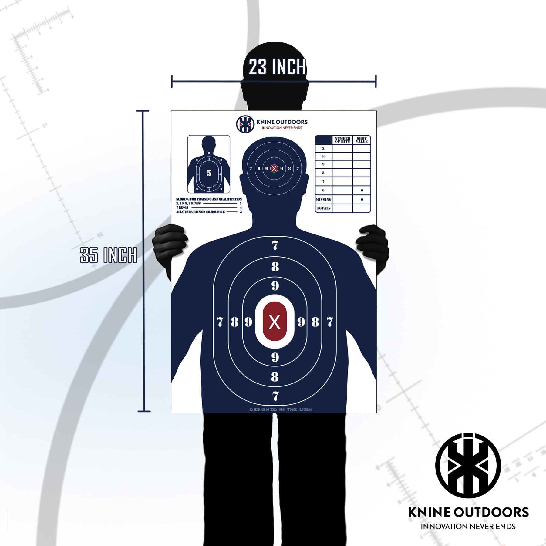 KNINE OUTDOORS Shooting Targets Paper, 23 x35 inch, Bulk for Hunting, Handguns, Pistols, Rifles, Silhouette with Red Bullseye, Blue Design (20 Pack)