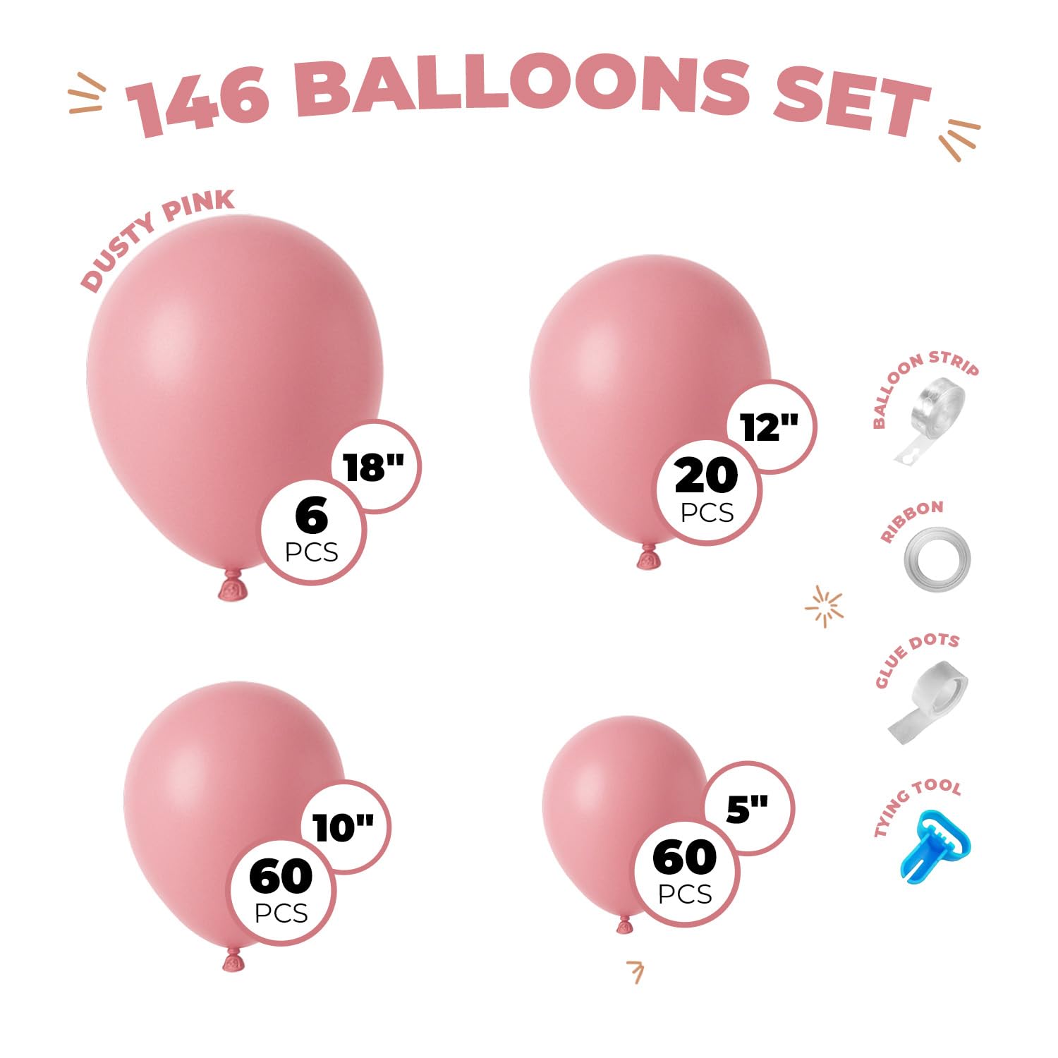 Balloon Garland Arch Kit – 146 Pcs Dusty Pink Balloons & Baby Shower Boxes with Letters – White Boxes with Rose Gold, Dusty Pink, Sand & White Balloons