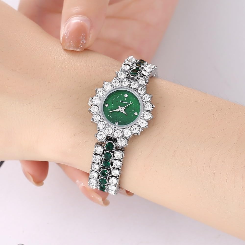 BESTKANG Women's Watch Two Tone Diamond Luxury Elegant Water Diamond Quartz Bracelet Set (Silver Green)