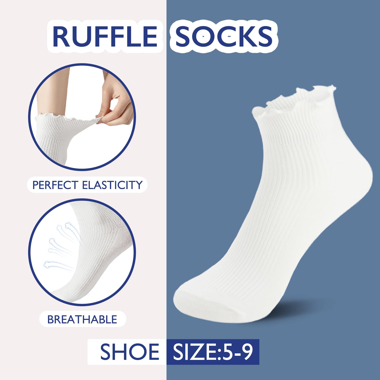 Hstyle Ruffle Socks Women, Ruffle Turn-Cuff Casual Cute Girl Ruffle Socks Breathable Cool Ruffle Ankle Socks 6 Pairs of Mixed Color 2
