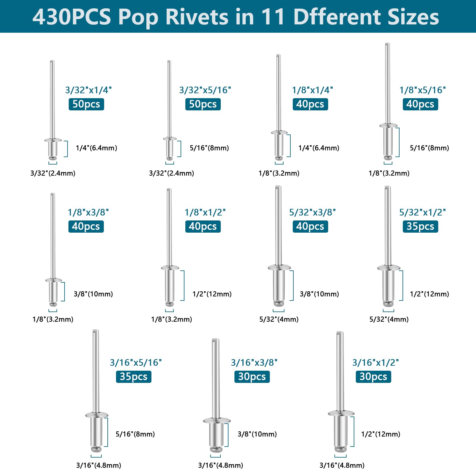 860PCS Aluminum Pop Rivets with 304 Stainless Steel Washers Kit,11 Sizes of Blind Rivets with 4 Sizes of Backup Washers,Widely Used in Vehicles,Ships (Diameter 3/32" 1/8" 5/32" 3/16")