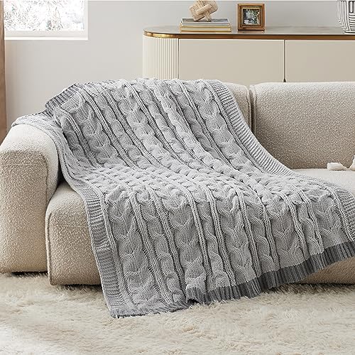 Bedsure Cable Knitted Throw Blanket for Couch, Chenille Chunky Knit Throw Blanket - Soft and Cozy Beige Throw Blanket for Winter, Throw (50" x 60")