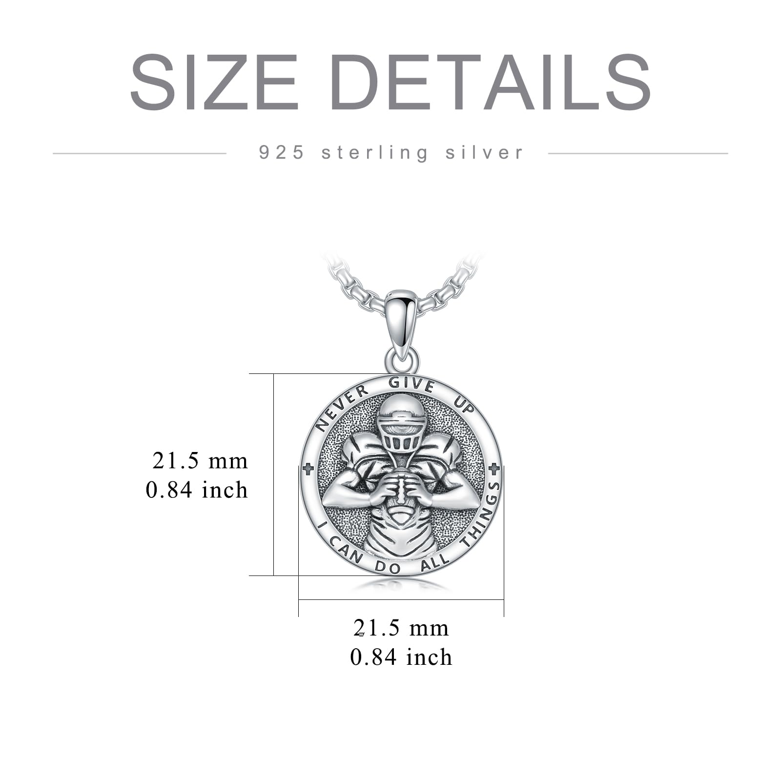 PROESS Football Necklace for Men Football Lovers Fans Sterling Silver Never Give Up Sports Necklace Football Gifts for Birthday Christmas