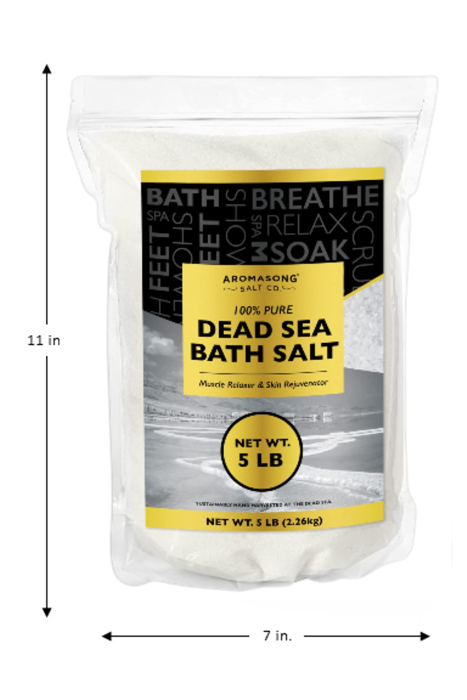 Aromasong Dead Sea Bath Salt - 100% Pure & Natural Dead Sea Salts for Soaking Fine Grain 5 LB - Bulk Resealable Pack (Packaging May Vary) Used for Body wash Scrub - Soak for Women & Men.