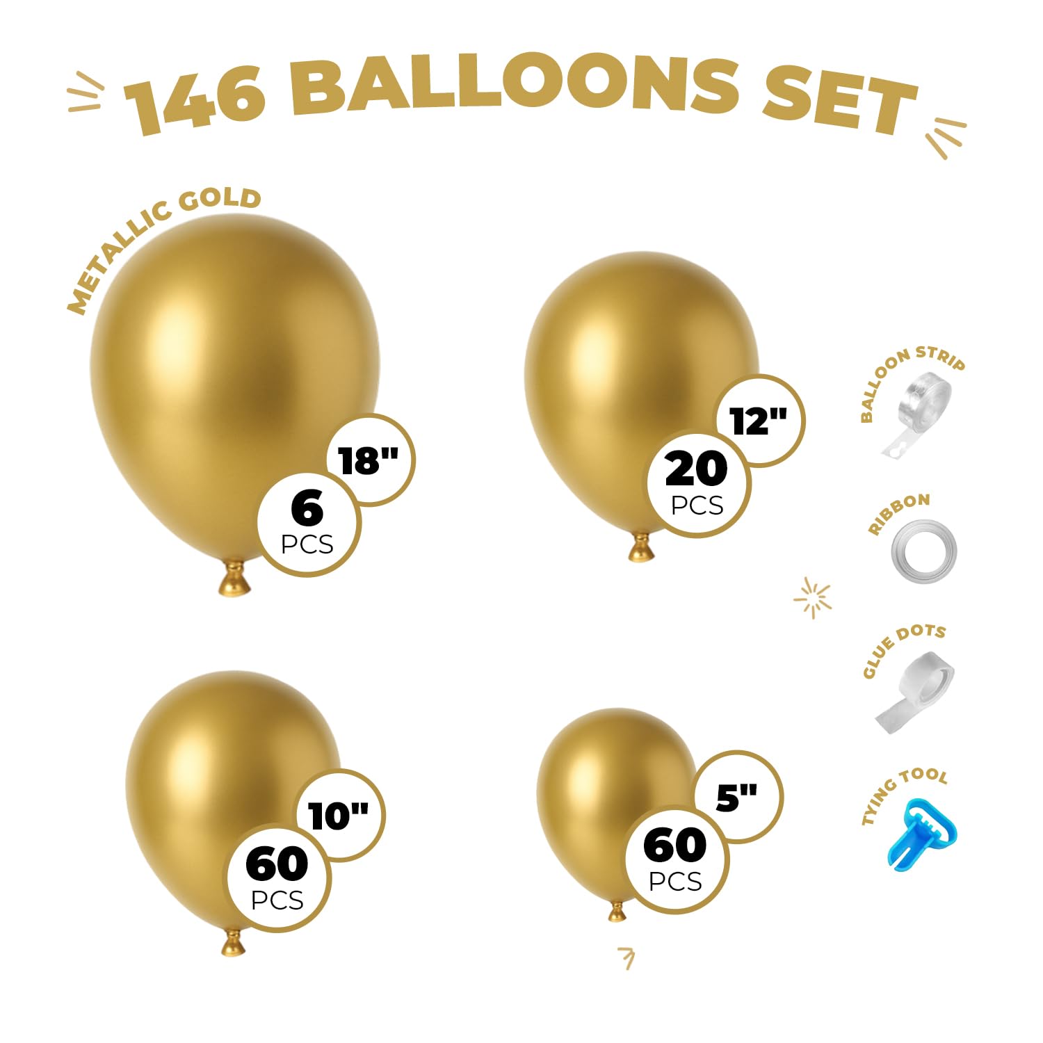 Balloon Garland Arch Kit – 146 Pcs Metallic Gold Balloons & Baby Shower Boxes with Letters – Gold Boxes with Gold & White Balloons