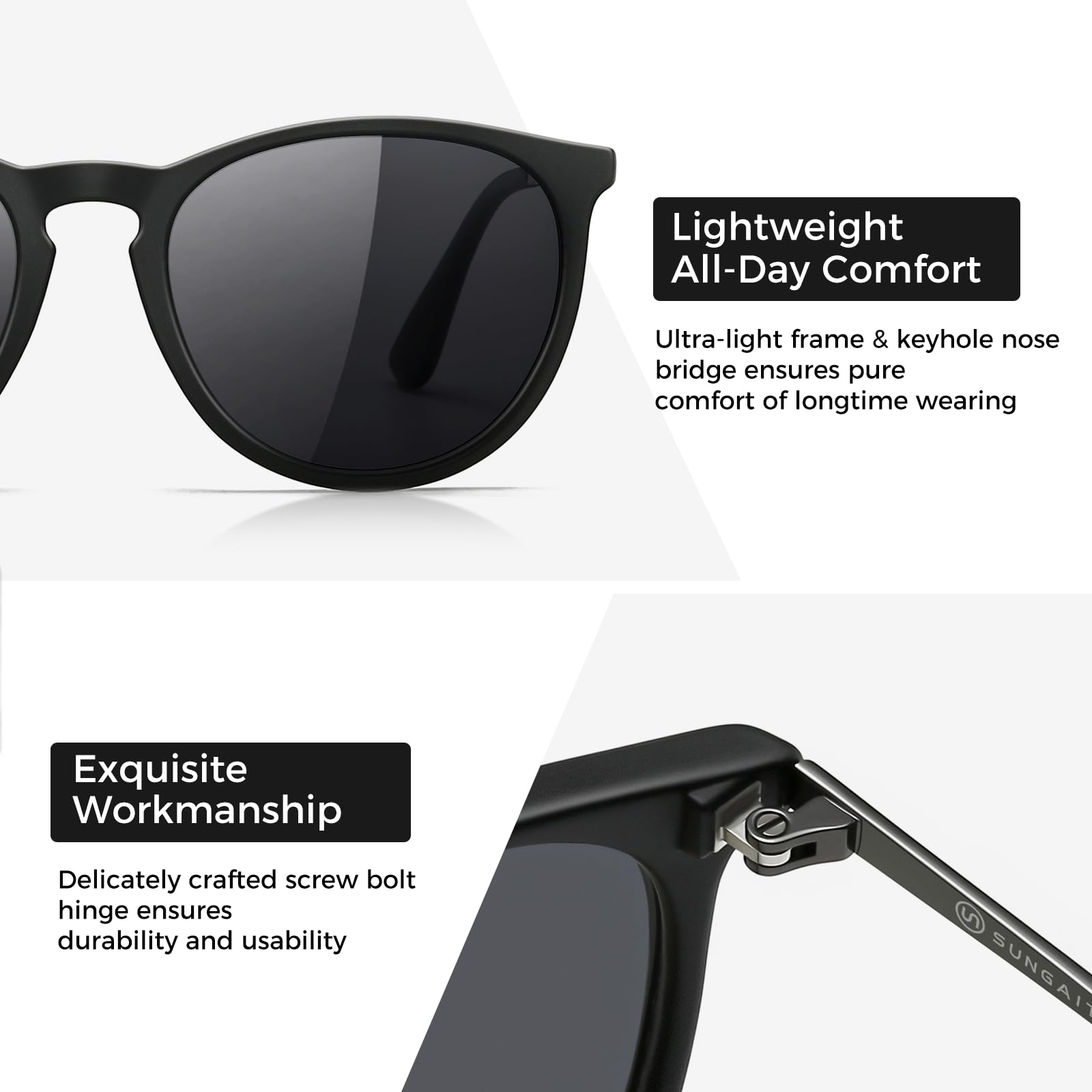 SUNGAIT Premium Vintage Round Sunglasses for Women Men Classic Retro Trendy Style (Black Frame(Matte Finish)/Polarized Grey Lens) 1567 PGHKH