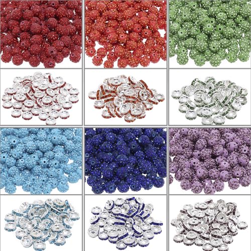 Taouzi 150 Pcs 10mm Rhinestone Beads for Jewelry Making Sparkle Clay Rhinestone Beads Spacer Beads Faux Pearl Beads Elastic String for Bracelets Necklace Earrings Jewelry Making (Black Colorful)