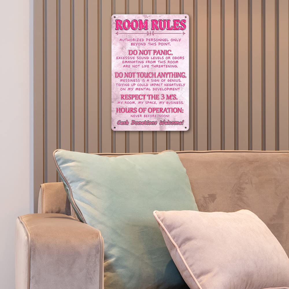 Pink Teen Girl Bedroom Decor - Cute Metal Tin Sign With Room Rules, Aesthetic and Preppy Decorations for Bedroom, 12 X 8 Inch