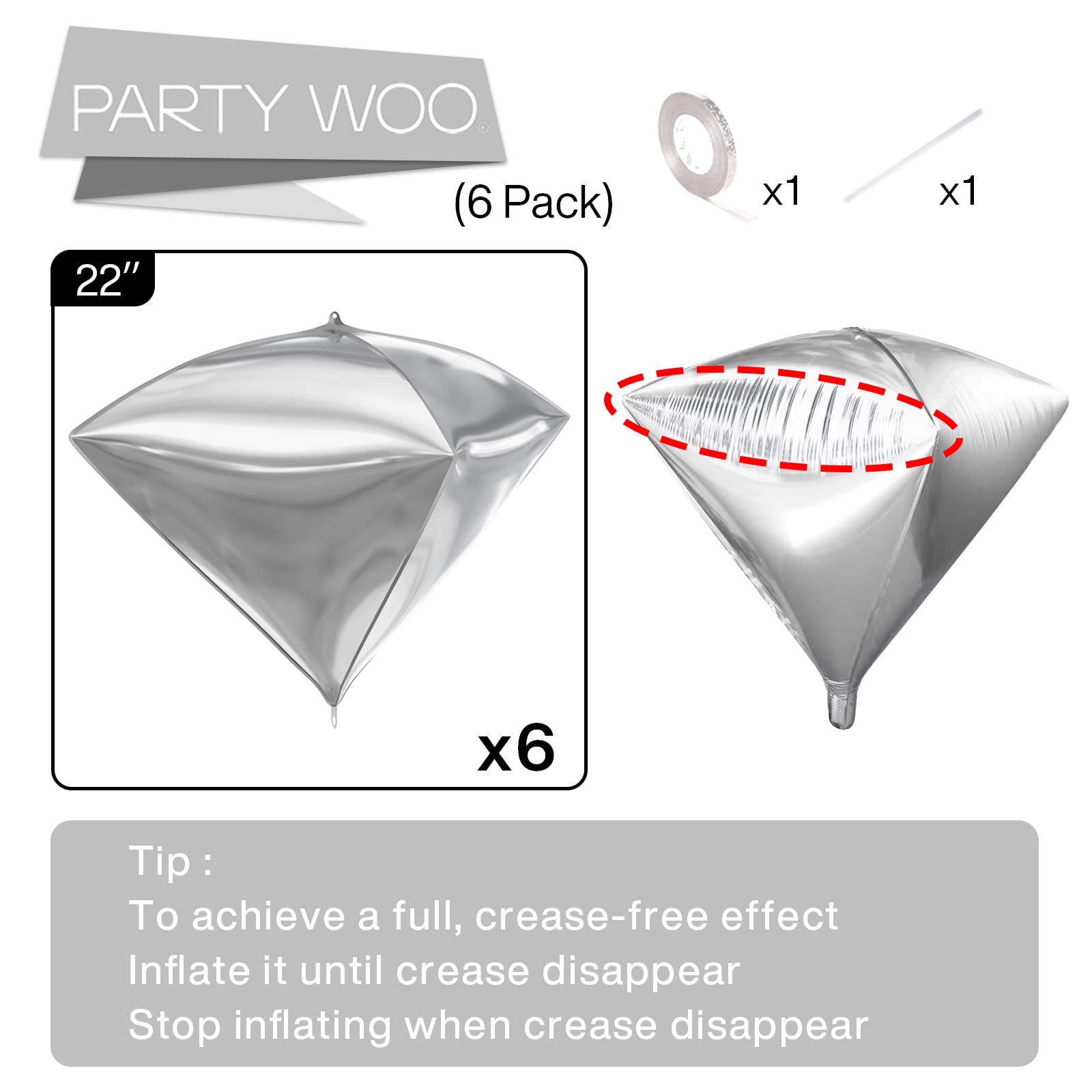 PartyWoo Silver Balloons, 6 pcs Diamond Silver Foil Balloons, 22 inch Giant 4D Foil Balloons and Ribbon, Balloons for Birthday Decorations, Wedding Decorations, Party Decorations (Balloon)