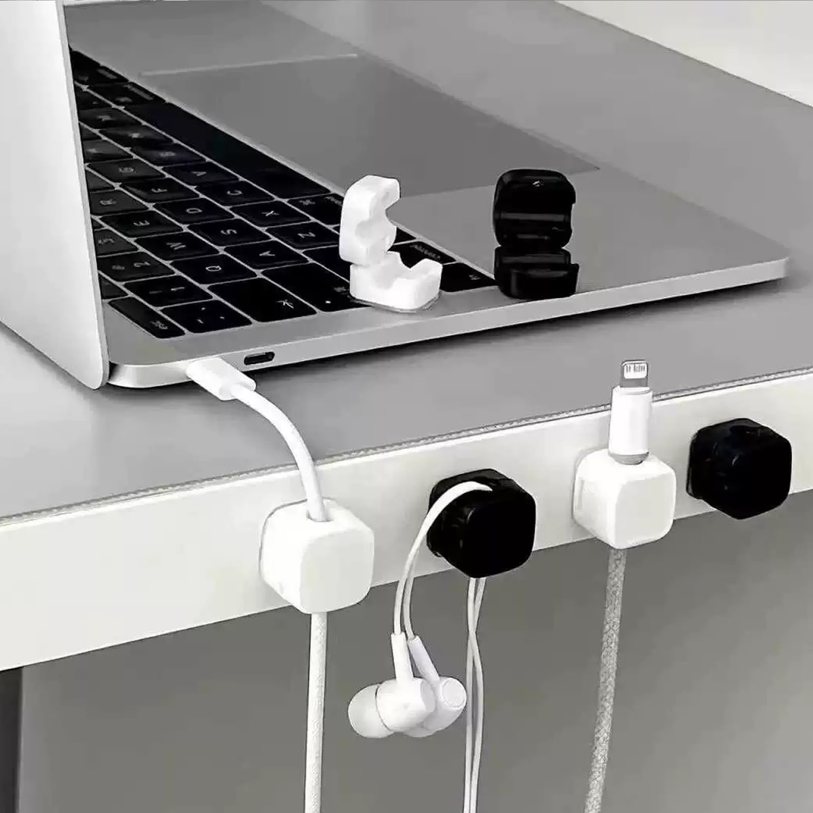 Magnetic Cord Organizer,Magnetic Cable Clips,Cable Smooth Adjustable,Cord Clips for Charging Cords,Nightstand,Home Office Desk,Phone,Car,Wall,Desktop (Black+White, 12Pcs)