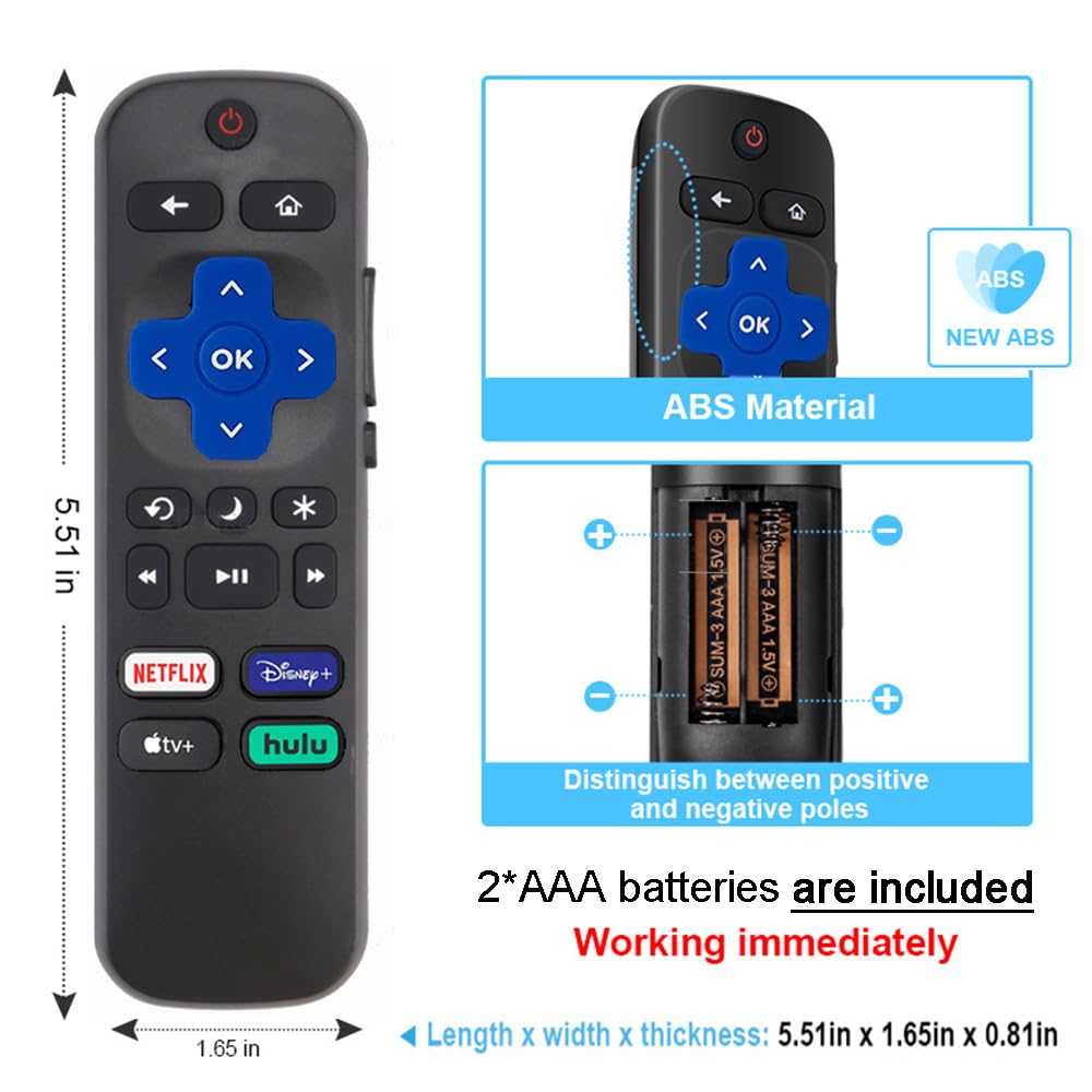 New Replacement for Roku-TV-Remote, Roku Remote Control for TCL Roku/Hisense/Onn Roku/Sharp Series Smart TVs (Not for Roku Stick and Box), with 4 Shortcuts Netflix/Disney/Hulu/Apple TV(2 Bateries)
