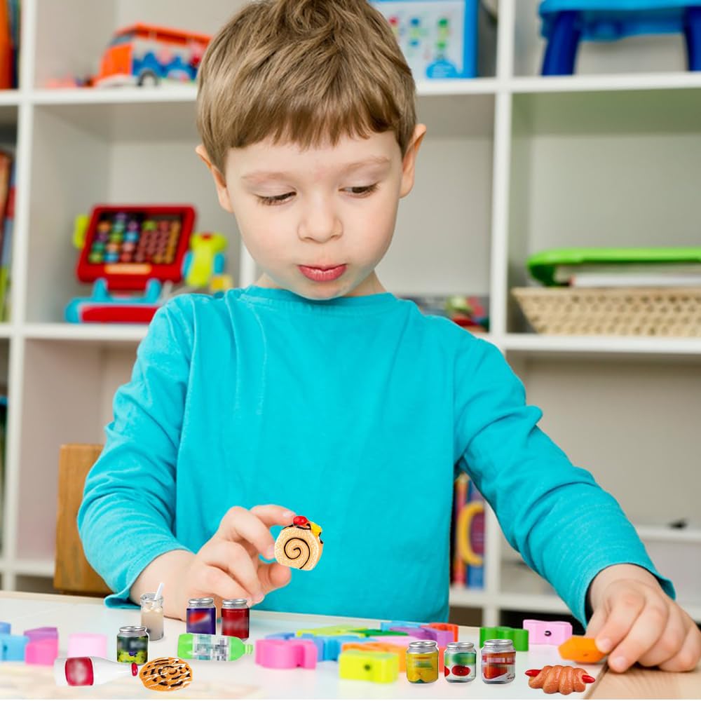 50Pcs Miniature Food Drinks Bottle Soda Pop Cans, Pretend Play Mini Kitchen Game Party Accessories Toys Hamburg Cake Ice Cream for 1/12 Doll House