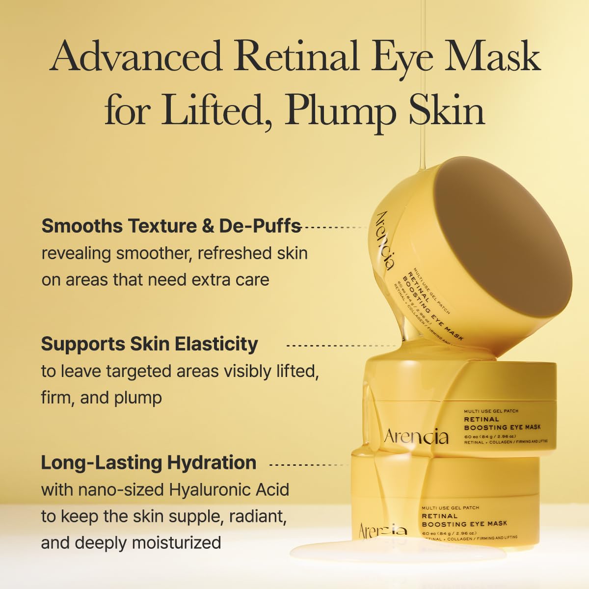 ARENCIA Retinal Boosting Eye Patch, Hydrogel Under Eye Mask with Peptides for Dark Circles, Puffiness, Fine Lines, 60 Patches, 2.96 oz