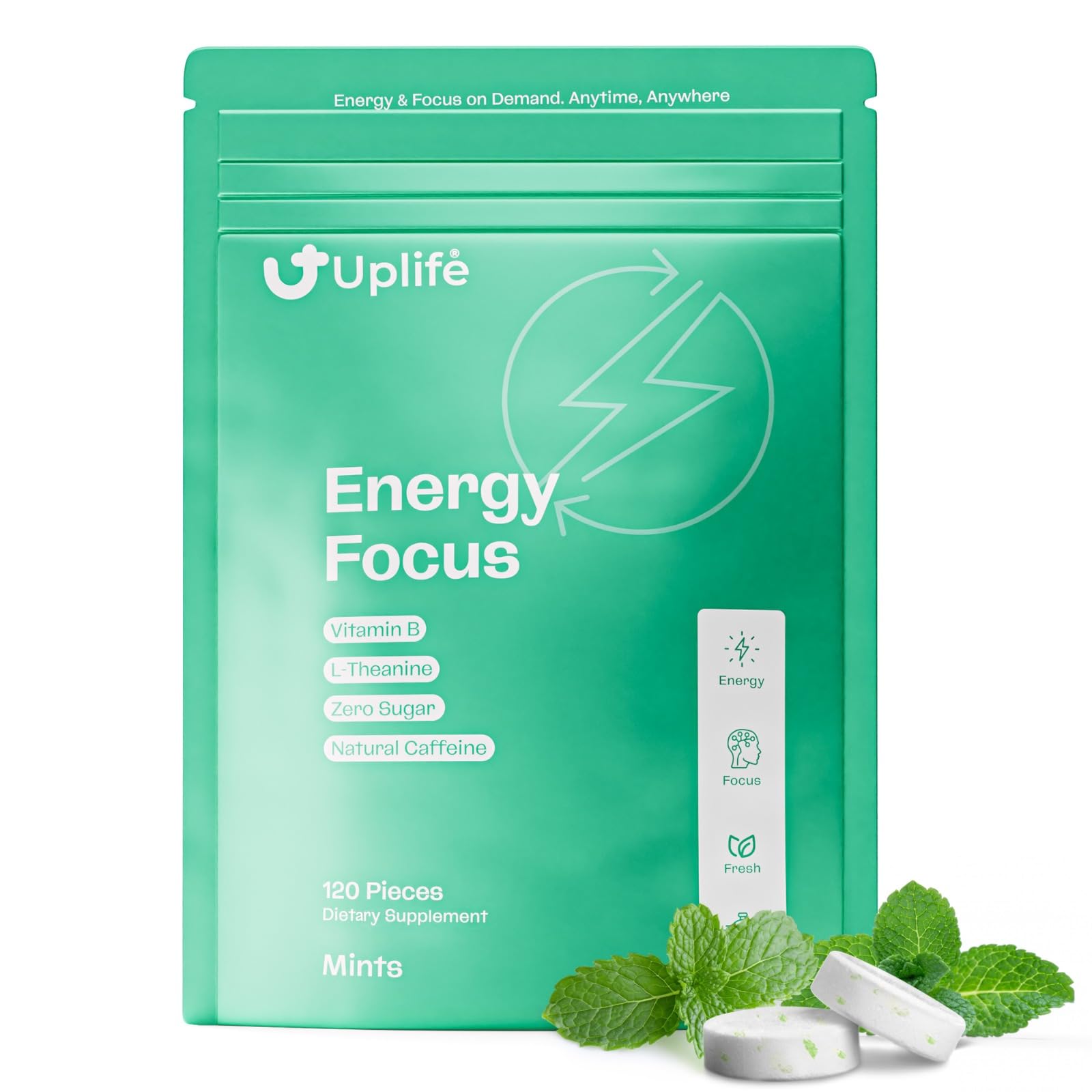 UPLIFE Energy Mints (120 Pieces) – Fast-Acting 40 mg Caffeine Gum with 80 mg L-Theanine & B12 – Sugar-Free & 100% Vegan – Caffeine Mints for Natural Energy Boost & Freshness
