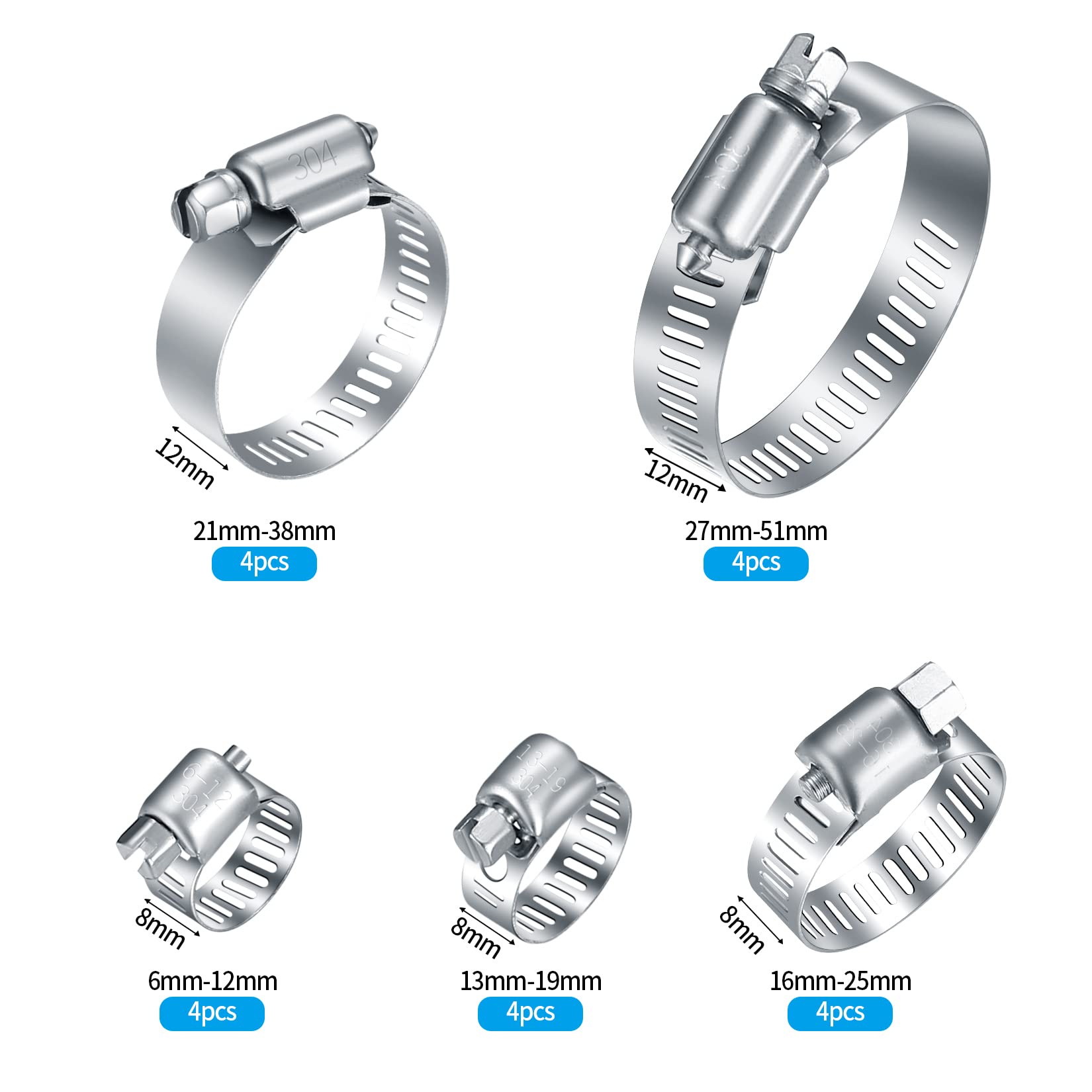 20 Pcs Hose Clamps Stainless Steel, 1/4-2 in (6-51mm) Adjustable Worm Gear Pipe Hose Clamps, Heavy Duty Fuel Line Hose Clamps for Plumbing, Automotive, Dishwasher, Washing Machine, Mechanical