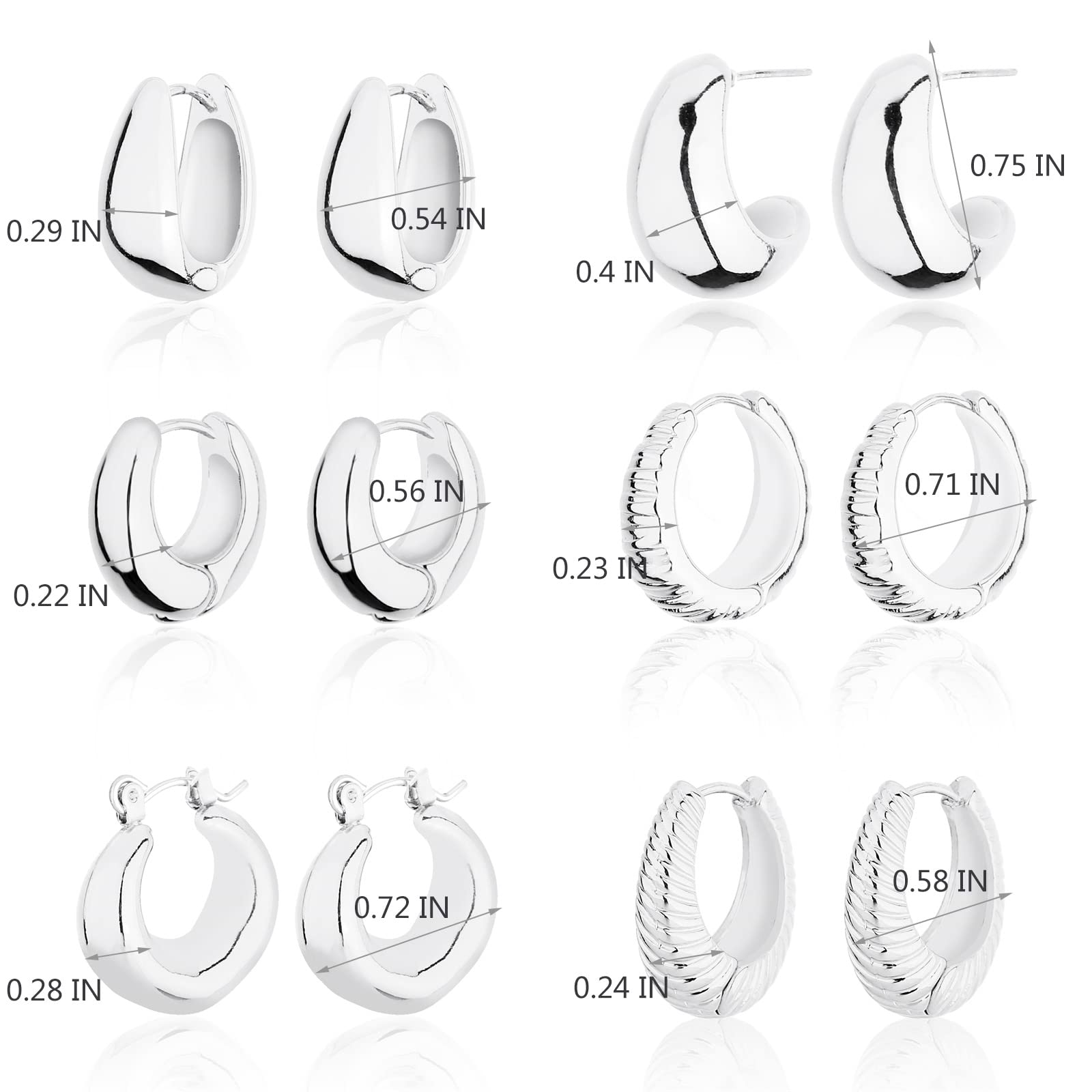 Wgoud Chunky Huggie Hoop Earring for Men Women 14K Gold Hypoallergenic, Thick Twist Earring (6 Prs Chunky Silver)