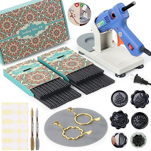 Wax Seal Kit with Gift Box, LONBEIIFY 40Pcs Sealing Wax Sticks with Glue Gun, Wax Seal Molds, Glue Gun Stand, Silicone Waxing Mat and Wax Pens for Wedding Invitations Envelopes Cards (Black)