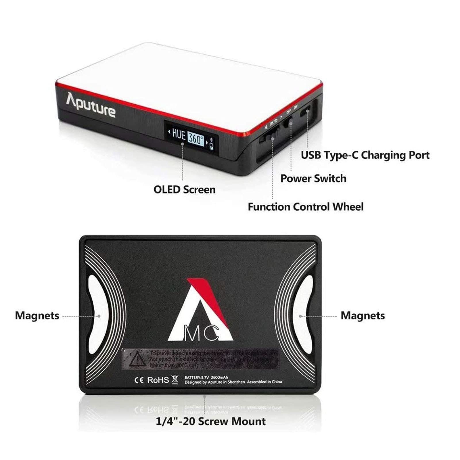 Aputure Amaran MC RGBWW Mini On Camera Video Light,3200K-6500K,CRI/TLCI 96+,HSI Mode,Support Magnetic Attraction,App with USB-C PD and Wireless Charging