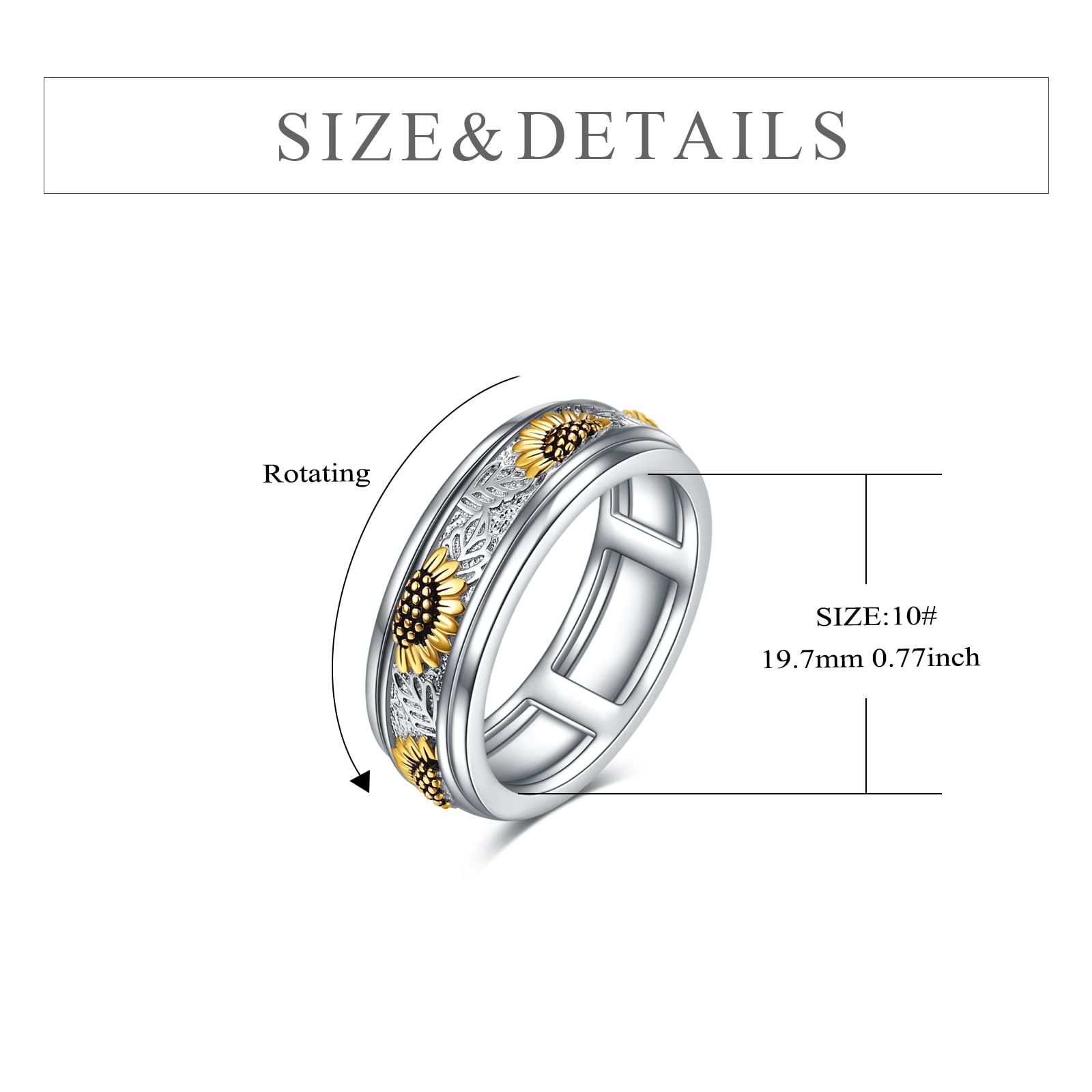 POPLYKE Sterling Silver Sunflower Flower Anxiety Spinner Rings Rotatable Mood Rings for Women Men Relieve Stress Gift(6 Size)