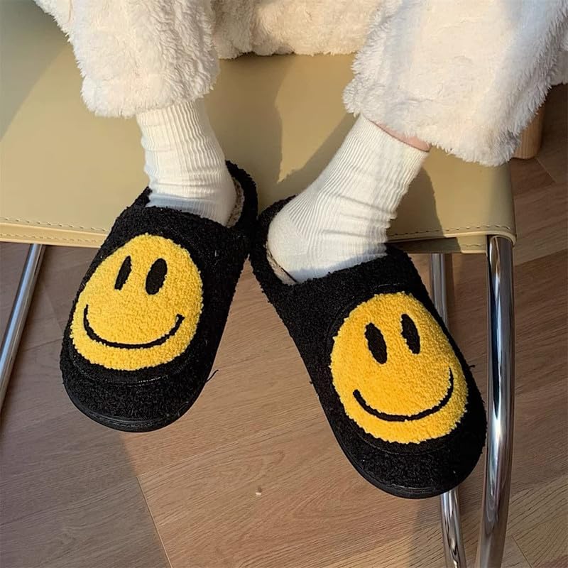 rosyclo Smile Face Slippers, Women's Retro Soft Cute Indoor Outdoor Happy Face Shoes, Cozy Trendy Plush Comfy Warm Fluffy Slip-on Home Slipper for Women Men