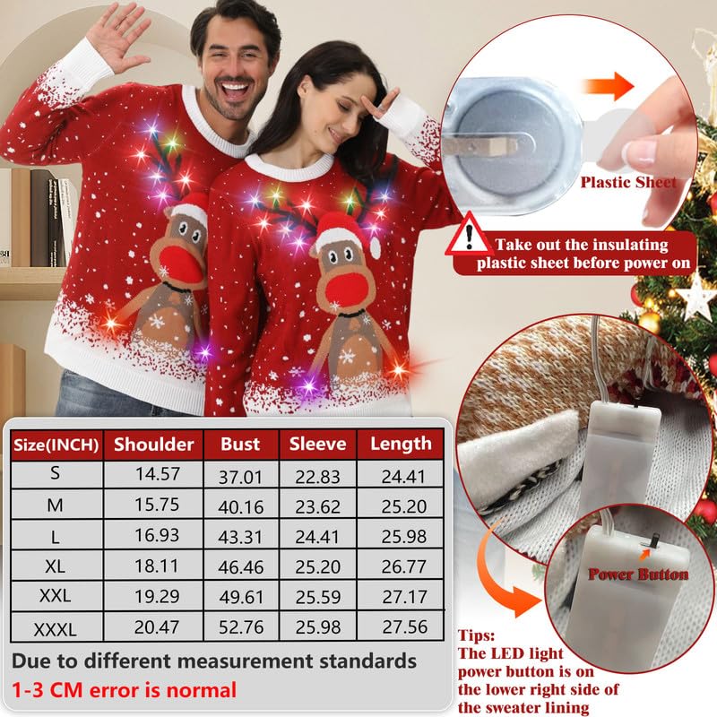 Ugly Christmas Sweaters for Women 2024 Men Light Up Christmas Sweater,Funny Reindeer Unisex Red Xmas Ugly Sweater for Couples