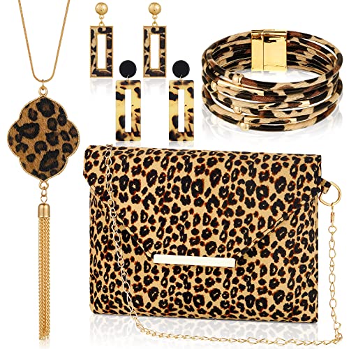 Sotiff 5 Pcs Women Leopard Purse Leopard Jewelry Set Necklaces Clutch Earring Leather Wrap Bracelets Long Tassel Pendant(Classic)