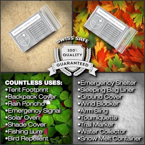 Swiss Safe Emergency Mylar Thermal Blankets + Bonus Space Blanket - Compact & Insulated for Cold Weather - Designed for NASA, Outdoor Camping, Survival, First Aid Car Kit - Silver, 4 Pack, XL