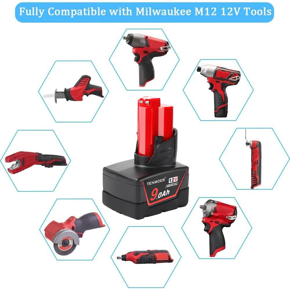 TENMOER 2 Pack 9.0Ah Compatible with Milwaukee 12V Battery Replacement for Milwaukee 12Volt Batteries 48-11-2460