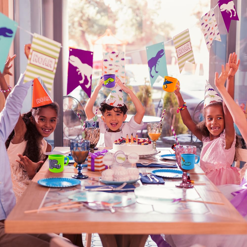 ArtCreativity Dinosaur Mugs for Kids, Set of 4, 3-Inch Plastic Cups in Assorted Colors & Designs, Ideal for Dinosaur Party Favors, Gifts,Photo Booth Props, Table Decorations for Themed Parties