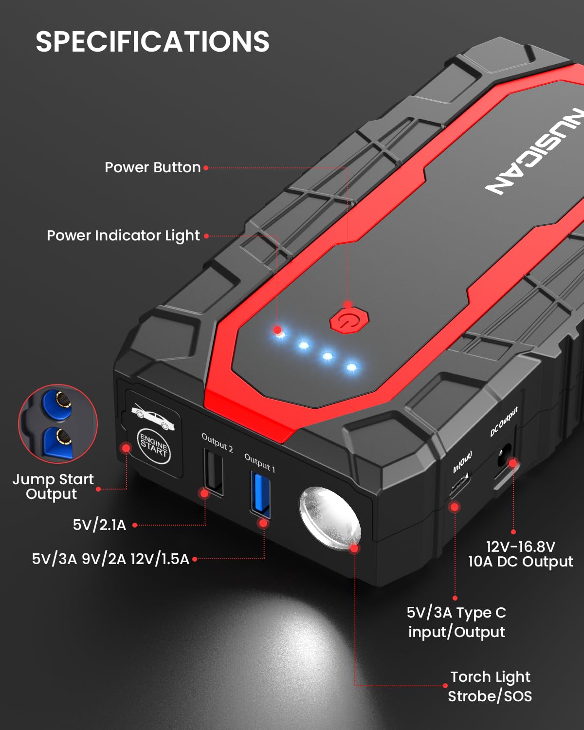 NUSICAN Car Jump Starter, 1500A Portable Battery Charger (up to 7.2L Gas&5.5L Diesel Engine) 12V 18000mAh Auto Lithium Battery Booster Jump Pack with Smart Jumper Clamps, USB QC3.0, LED Light, Compact