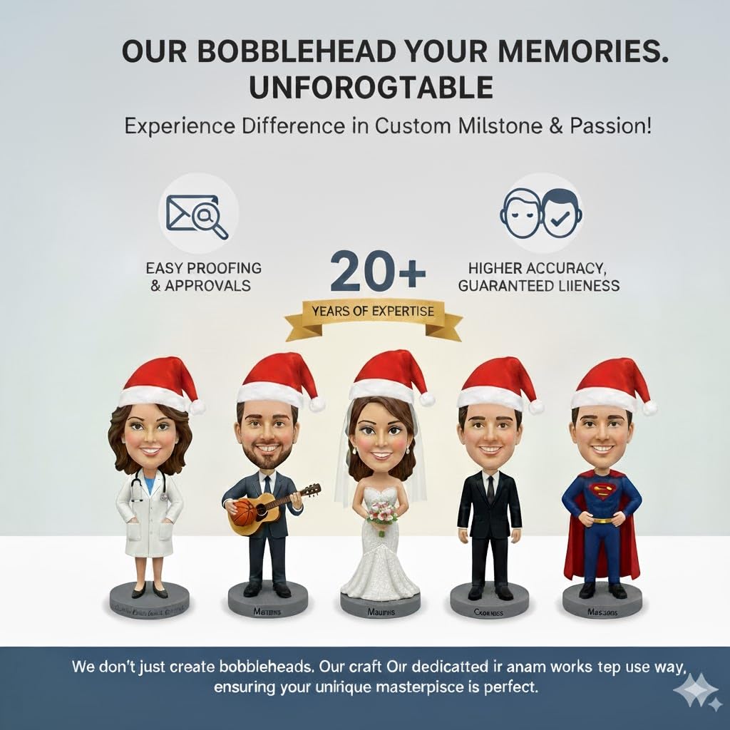 Custom Bobble Head – Personalized Bobblehead Figurines with Skin Tone, Hair & Accessories | Couples, Family, Group, Graduation & Business | Proof Provided Prior to Completion