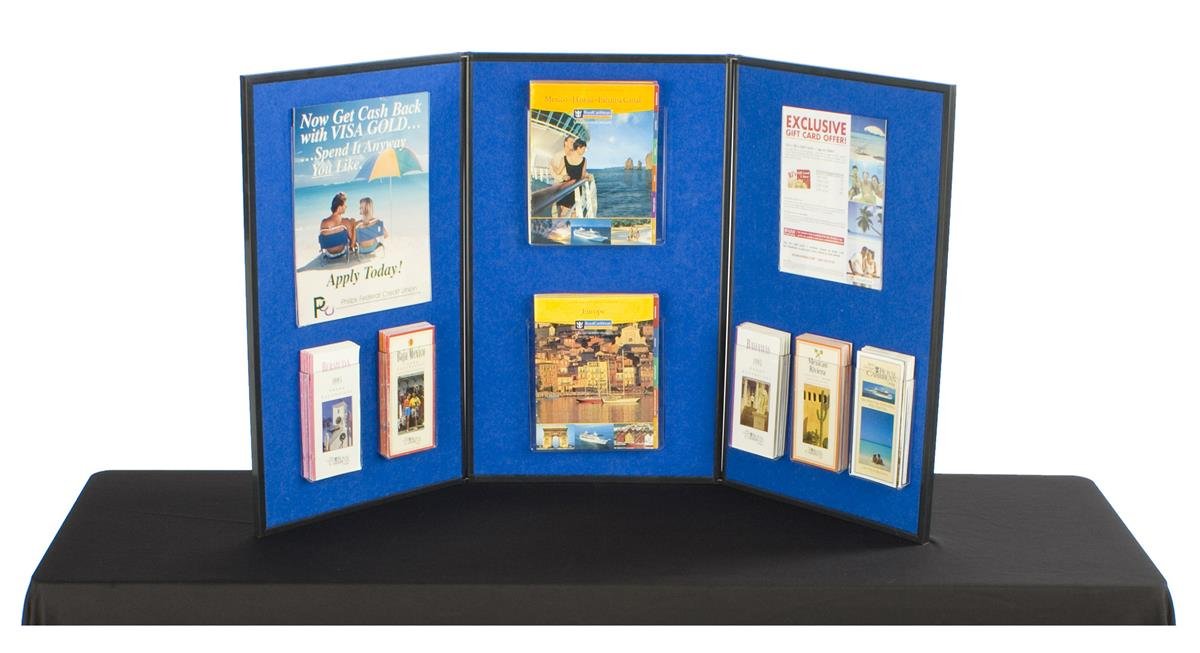 3-Panel Table Presentation Board, 54 x 30 - Blue Hook & Loop Fabric and White, Dry-Erase Write-on Panels