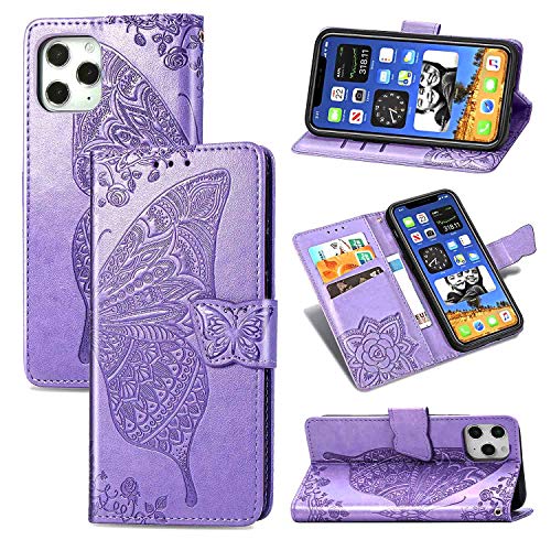 CaseHQ Compatible with iPhone 12 Mini Case 5.4 inch(2020),Wallet Case for Women and Girls,Premium Strap with Card Holder,3D Embossed Butterfly,Pu Leather Flip-Purple