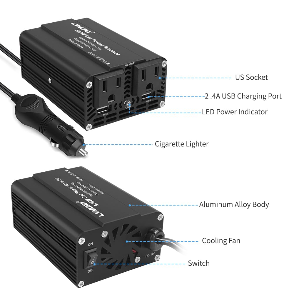 LVYUAN 500W Power Inverter for Vehicles DC 12V to 110V AC Car Plug Adapter Outlet Converter with 3.1A Dual USB Car Charger for Laptop Computer Black