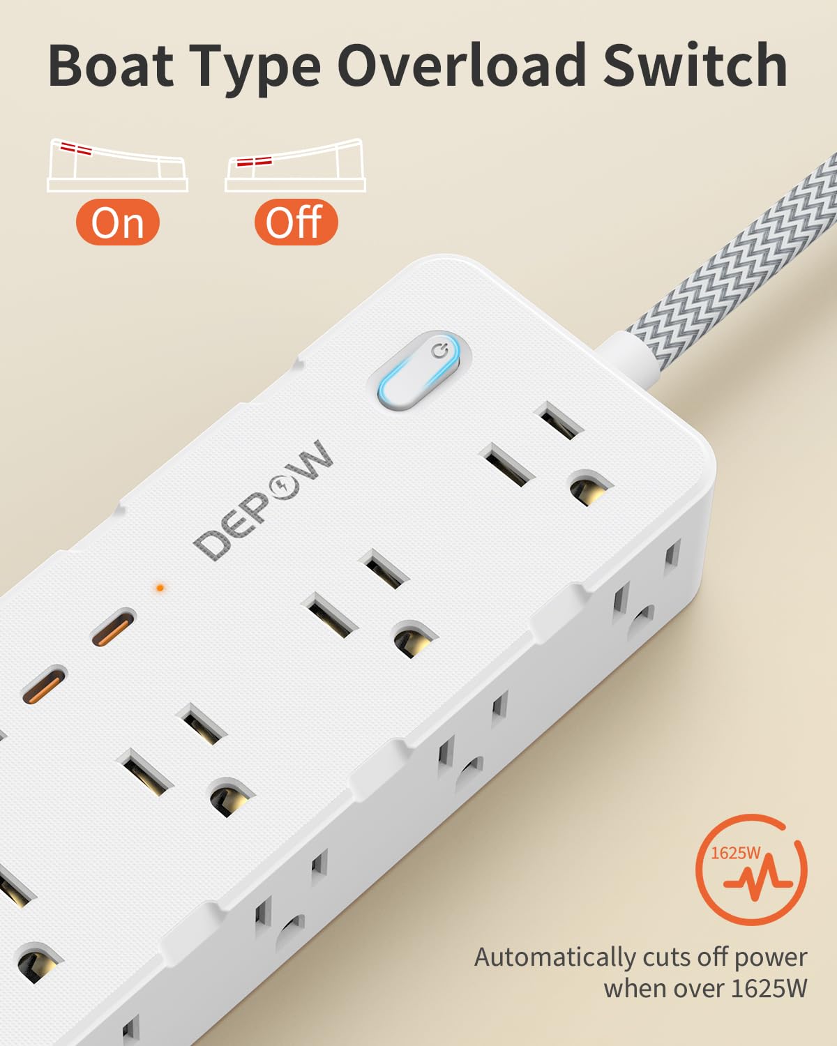 DEPOW Power Strip Surge Protector with 5FT Braided Flat Extension Cord, Wall Mount Charging Station with 8 Outlets 4 USB Ports(2 USB C), Ultra Thin Flat Plug for Home Office, Dorm, Hotel, Travel