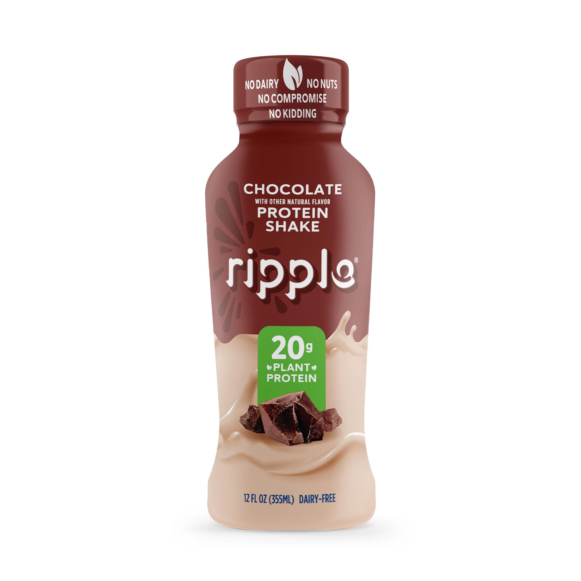 Ripple Vegan Protein Shake | Chocolate | 20g Nutritious Plant Based Pea Protein | Shelf Stable | No GMOs, Soy, Nut, Gluten, Lactose | 12 Oz, 12 Pack