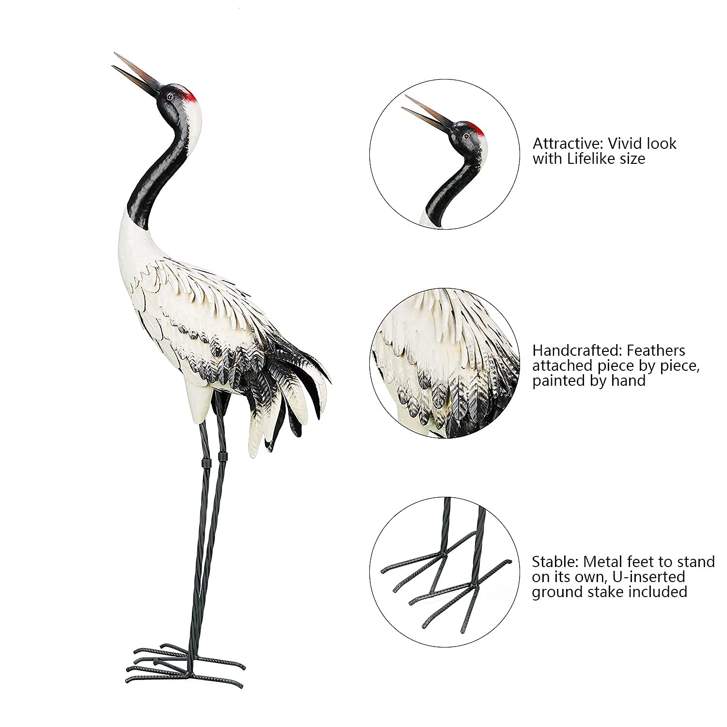 chisheen Garden Crane Statues Outdoor Heron Red Crowned Crane Metal Yard Art Sculpture,Set of 2