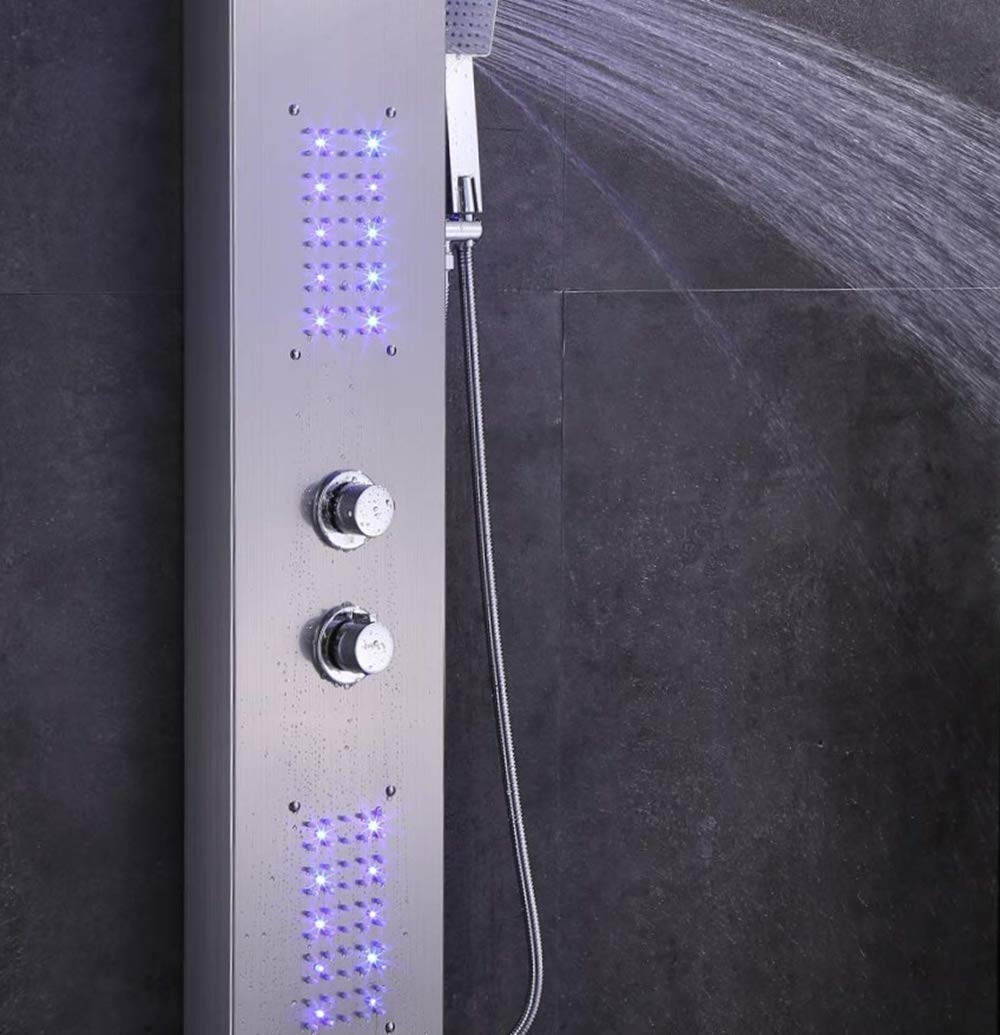 ELLO&ALLO LED Rainfall Waterfall Shower Head Rain Massage System with LED Body Jets, Stainless Steel Bathroom Shower Panel Tower System, Brushed Nickel