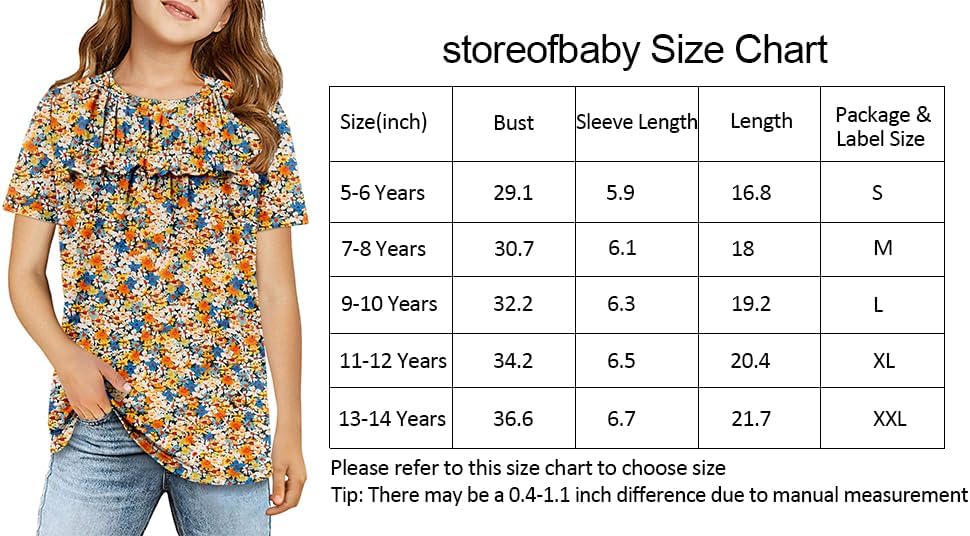 storoefbaby Floral Short Sleeve Shirts for Girl Tween Loose Ruffle Tunic Tops