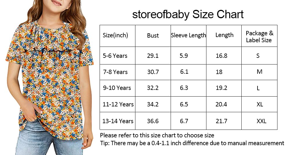 storoefbaby Floral Short Sleeve Shirts for Girl Tween Loose Ruffle Tunic Tops