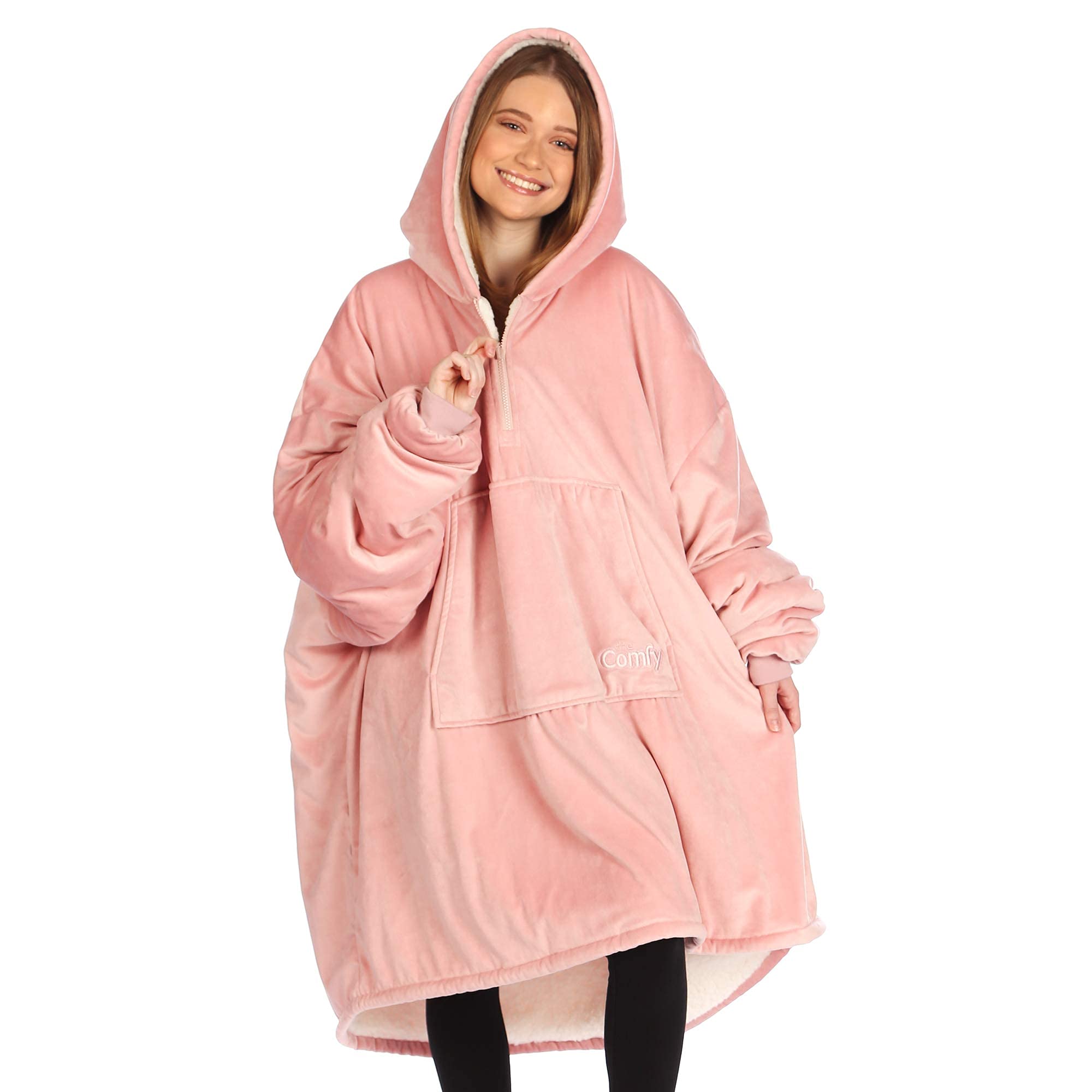 THE COMFY Original Quarter Zip | Oversized Microfiber & Sherpa Wearable Blanket with Zipper, Seen On Shark Tank, One Size Fits All (Blush)