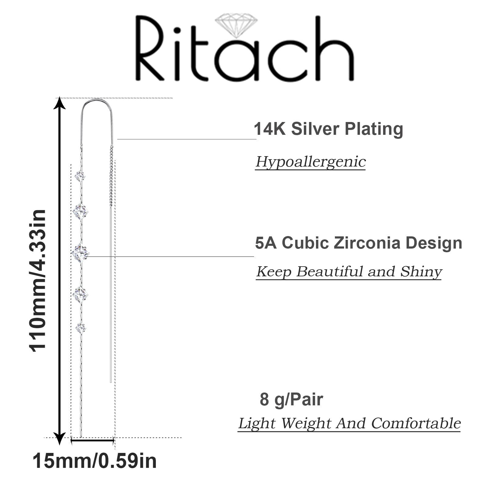 Threader Earrings for Women 925 Sterling Silver Plated Cubiz Zirconia Long Dangle Drop Earrings for Teen Girls