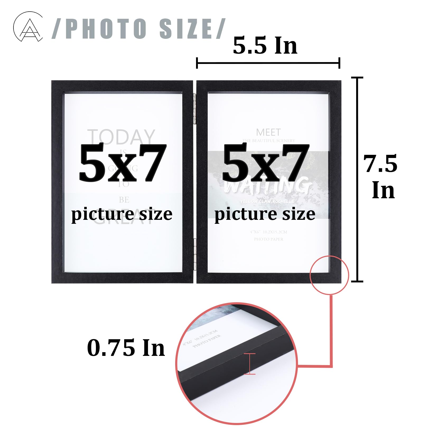 AEVETE 5x7 Picture Frames Double Hinged Wood Folding Photo Frames Vertical with Real Glass Front, Black