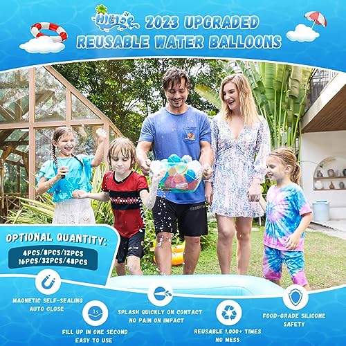 Hiliop Reusable Water Balloons for Kids Adults, Silicone Refillable Water Balloons Self Sealing Water Balloons Quick Fill with Magnetic & Mesh Bag