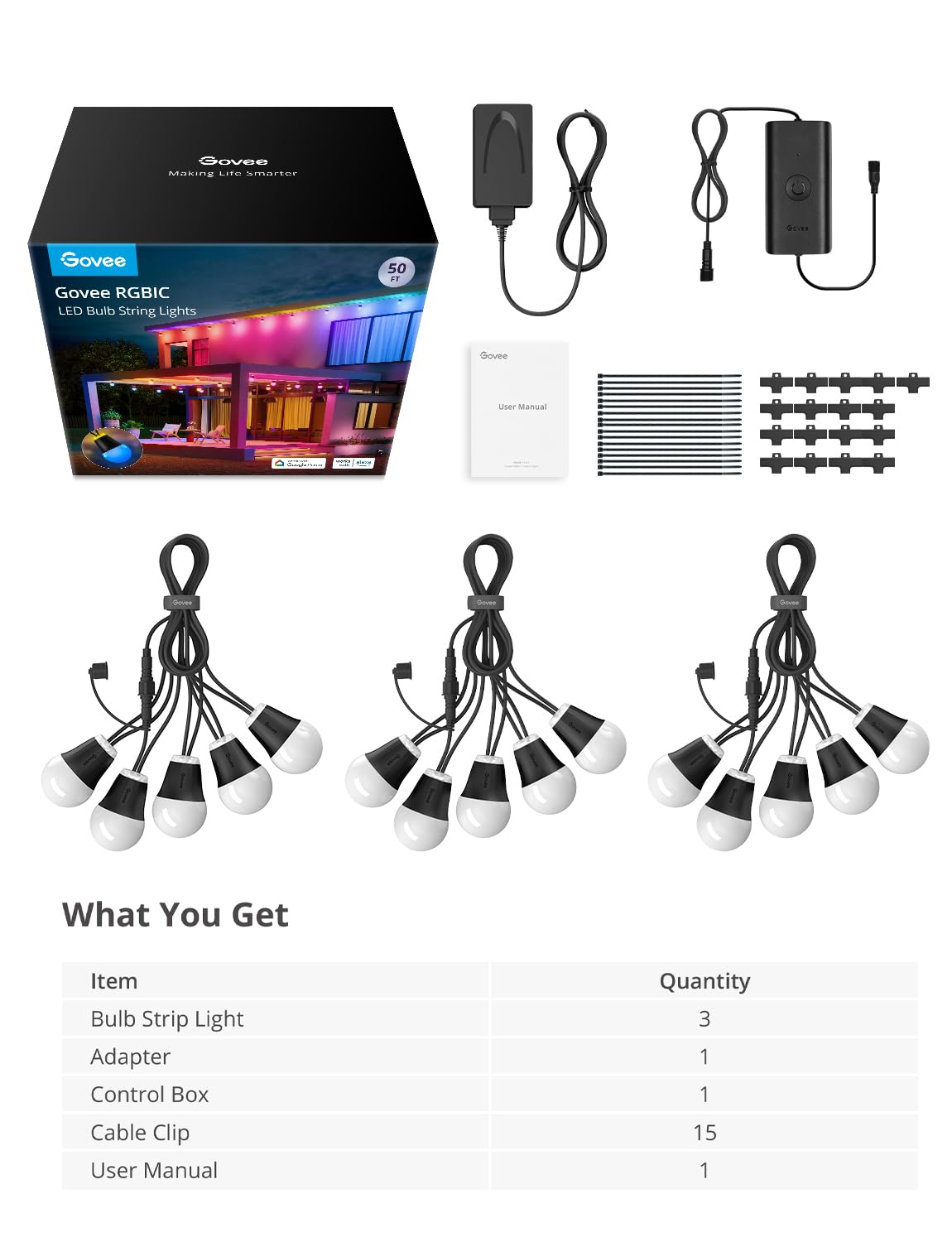 Govee Outdoor String Lights H1, 50ft RGBIC Outdoor Lights with 15 Dimmable Warm White LED Bulbs, Smart Outdoor Lights with 60 Scene Mode, IP65 Waterproof, Work with Alexa for Halloween, Daily Lighting